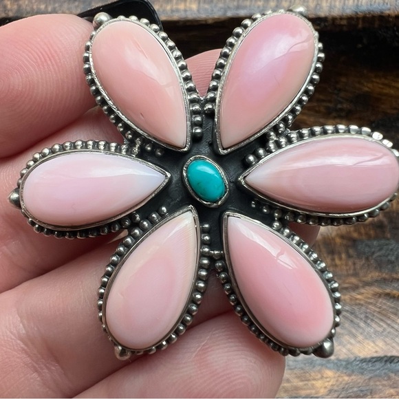 Queen Conch & Kingman Turquoise Flower Statement Ring 925 Sterling Silver | 8.5 - Picture 13 of 15